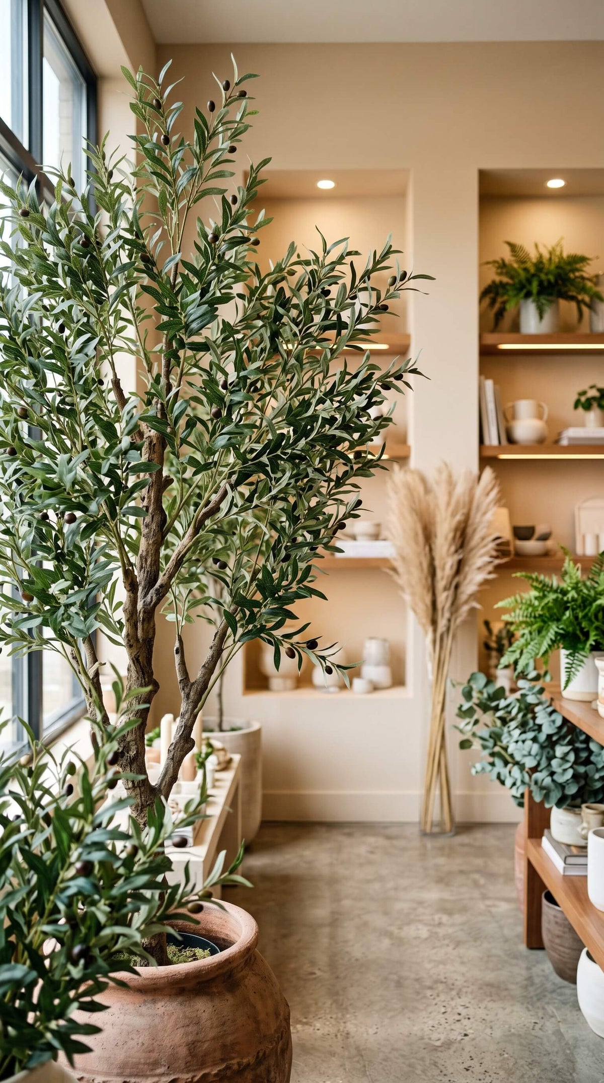 Modern boutique decor showroom featuring tall potted faux olive and fiddle-leaf fig trees, bird of paradise, and fluffy pampas grass in fluted glass. Warm recessed spotlights illuminate natural stone walls and built-in oak shelves with botanical accents.