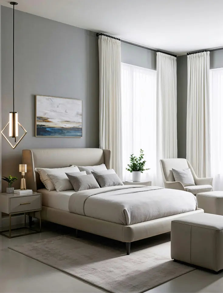 Modern bedroom with a beige upholstered bed, gray and white bedding, two nightstands with lamps, an armchair, ottoman, large windows with white curtains, and a contemporary pendant light.