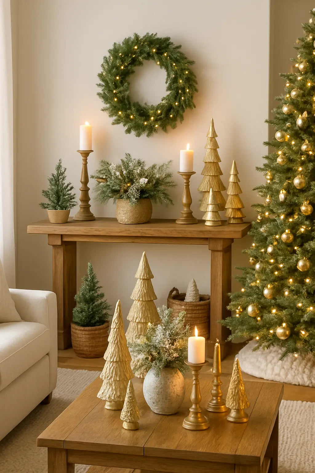 Modern living room decorated for Christmas with a pine wreath, gold sculptural trees, warm candles, frosted greenery, and a minimalist holiday tree with gold ornaments and soft lights.