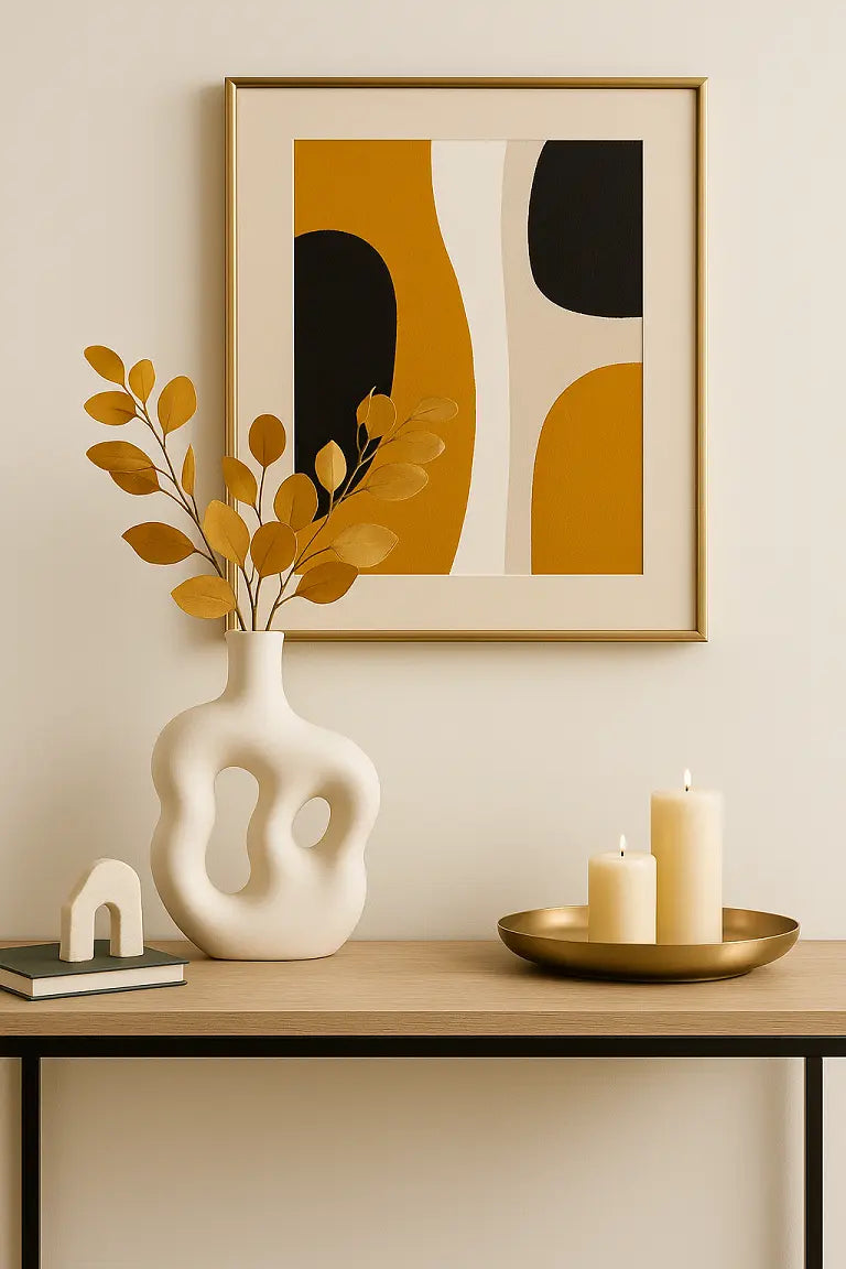Modern living room console styled with décor accents including a ceramic vase, a sculptural object, and a decorative tray with candles, adding elegant finishing touches to the space.