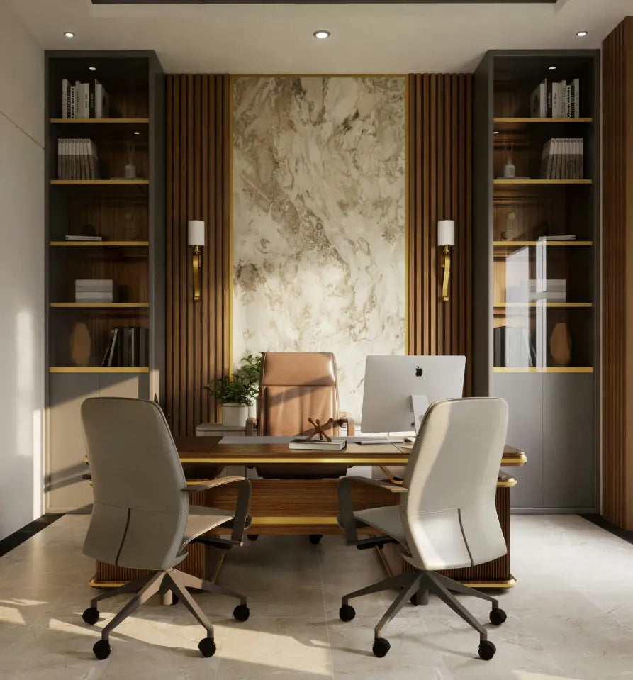 Modern office with a wooden desk, leather chair, two guest chairs, computer, built-in bookshelves, and a marble accent wall with warm lighting.