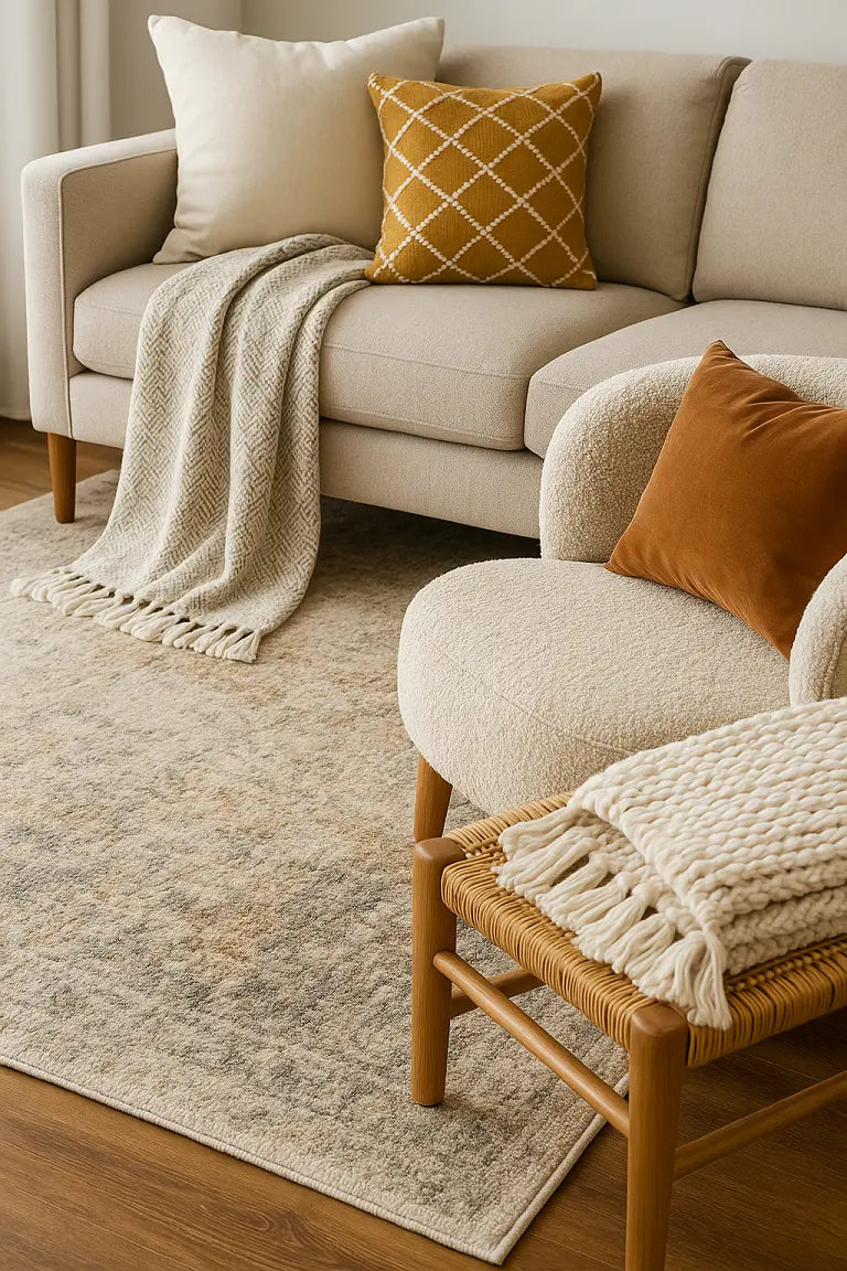 Modern living room with a neutral sofa, decorative pillows, and a woven area rug layered over a light floor. A soft throw blanket and subtle textiles add warmth and texture to the contemporary décor.