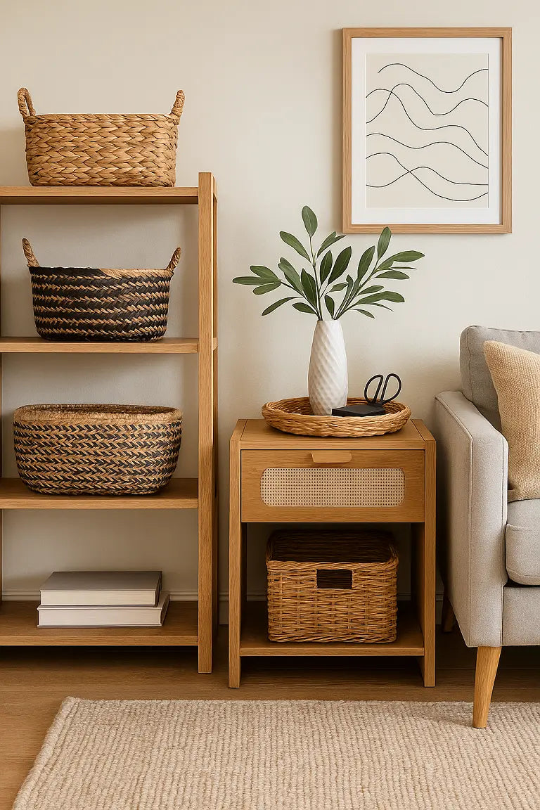 Modern living room corner with stylish storage baskets, wooden shelving, and neutral-toned organizers paired with decorative accents, blending functionality with design.