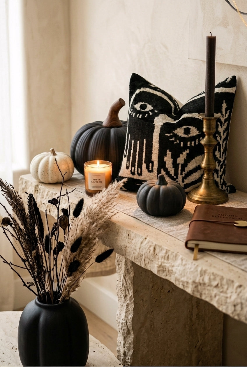 Neutral Halloween decor on a stone mantel: matte black and cream pumpkins, a lit glass candle, a black pillow with stylized eye art, a brass candlestick, a leather journal, and a black vase with dried pampas grass and dark stems against a beige wall.