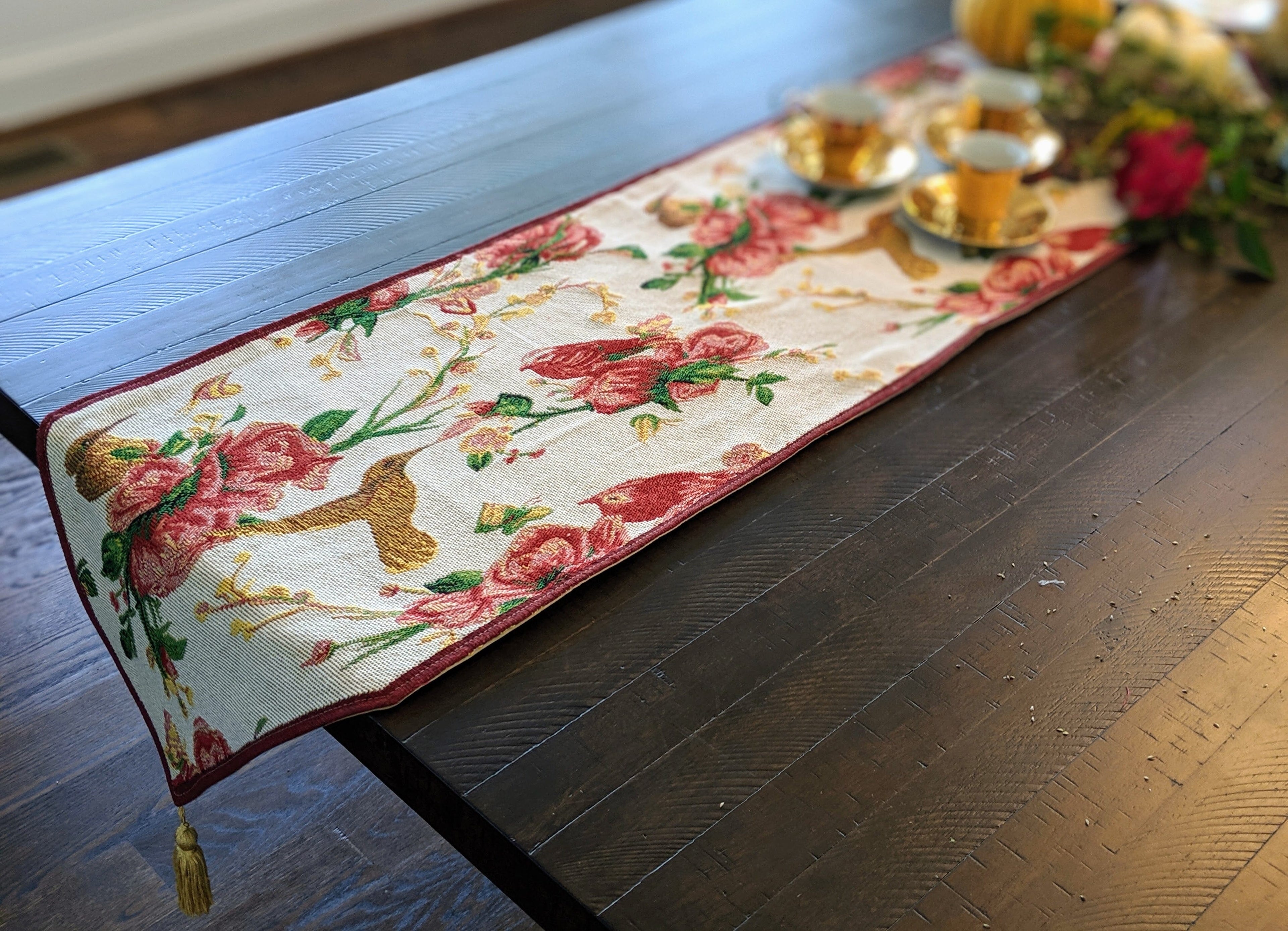 Tache Floral Red Roses Hummingbirds Ivory Woven Tapestry Table Runner (18109)-0