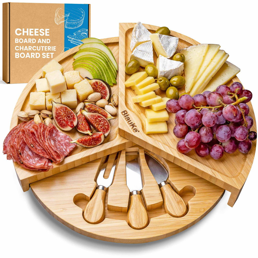 Bamboo Cheese Board and Knife Set - 14 Inch Swiveling Charcuterie Board with Slide-Out Drawer - Cheese Serving Platter, Round Serving Tray-0