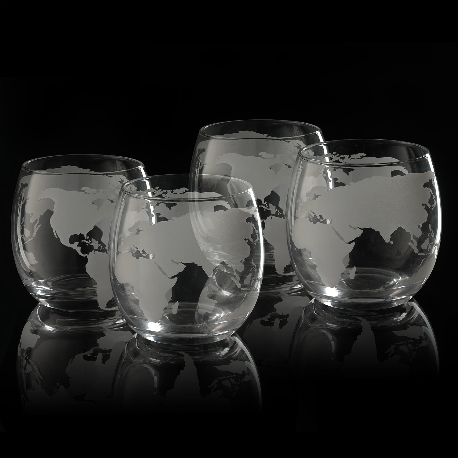 Etched World Globe Glasses 10 oz -Set of 4