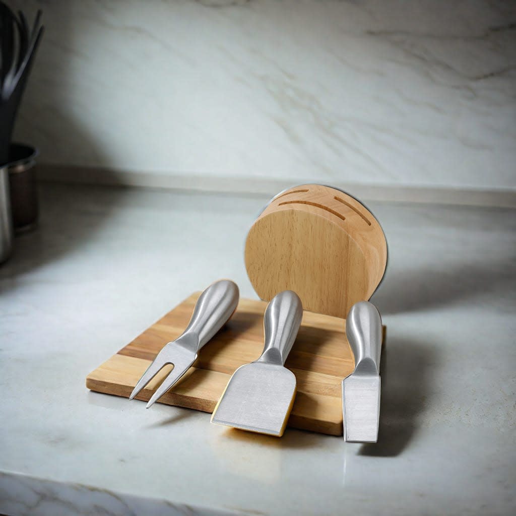 Wood Block with 3 Stainless Steel Cheese Utensils-2