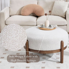 Beige Sherpa Ottoman Footstool With Premium Lumber-3