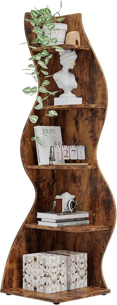 Rustic 5-Tier Corner Shelf All-Brown Bookshelf Storage-0
