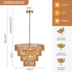 Gold Rattan Chandelier Nineteen Point Seven Inch Boho Chic-2