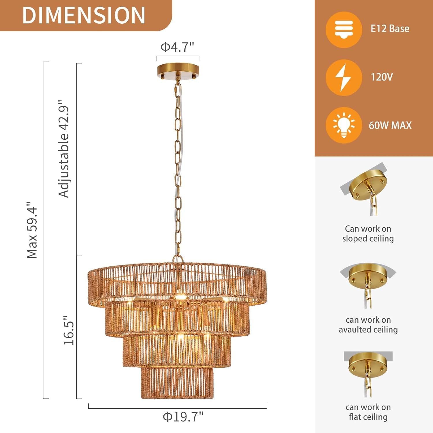 Gold Rattan Chandelier Nineteen Point Seven Inch Boho Chic-2