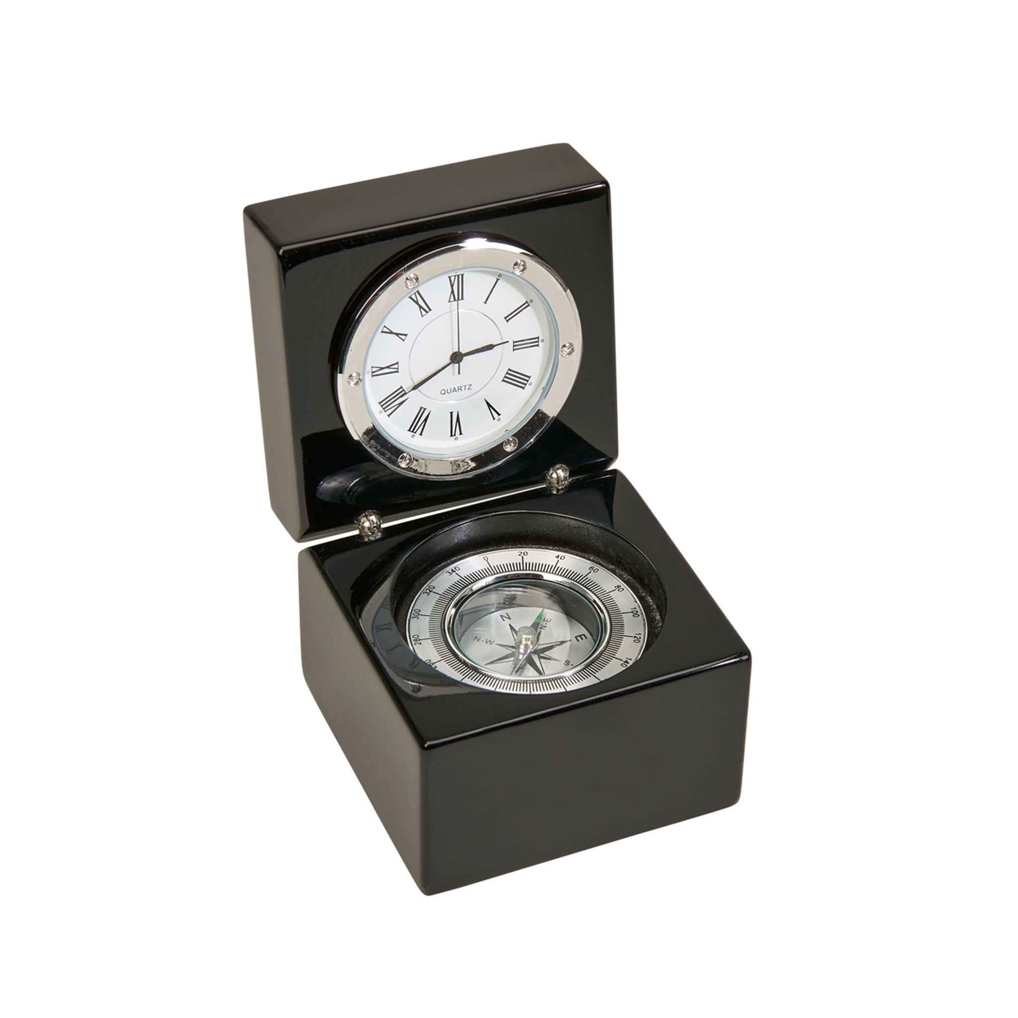 Black Square Wood Box with Clock & Compass-0