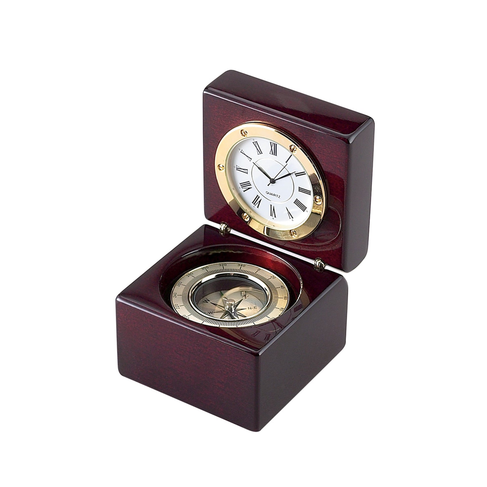 Square Wood Box With Clock & Compass In Piano Finish-0