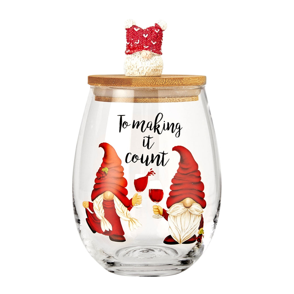 Christmas Gnome Wine & Water Glasses With Dwarf Wood Cover - Set of 2-17.5oz-4