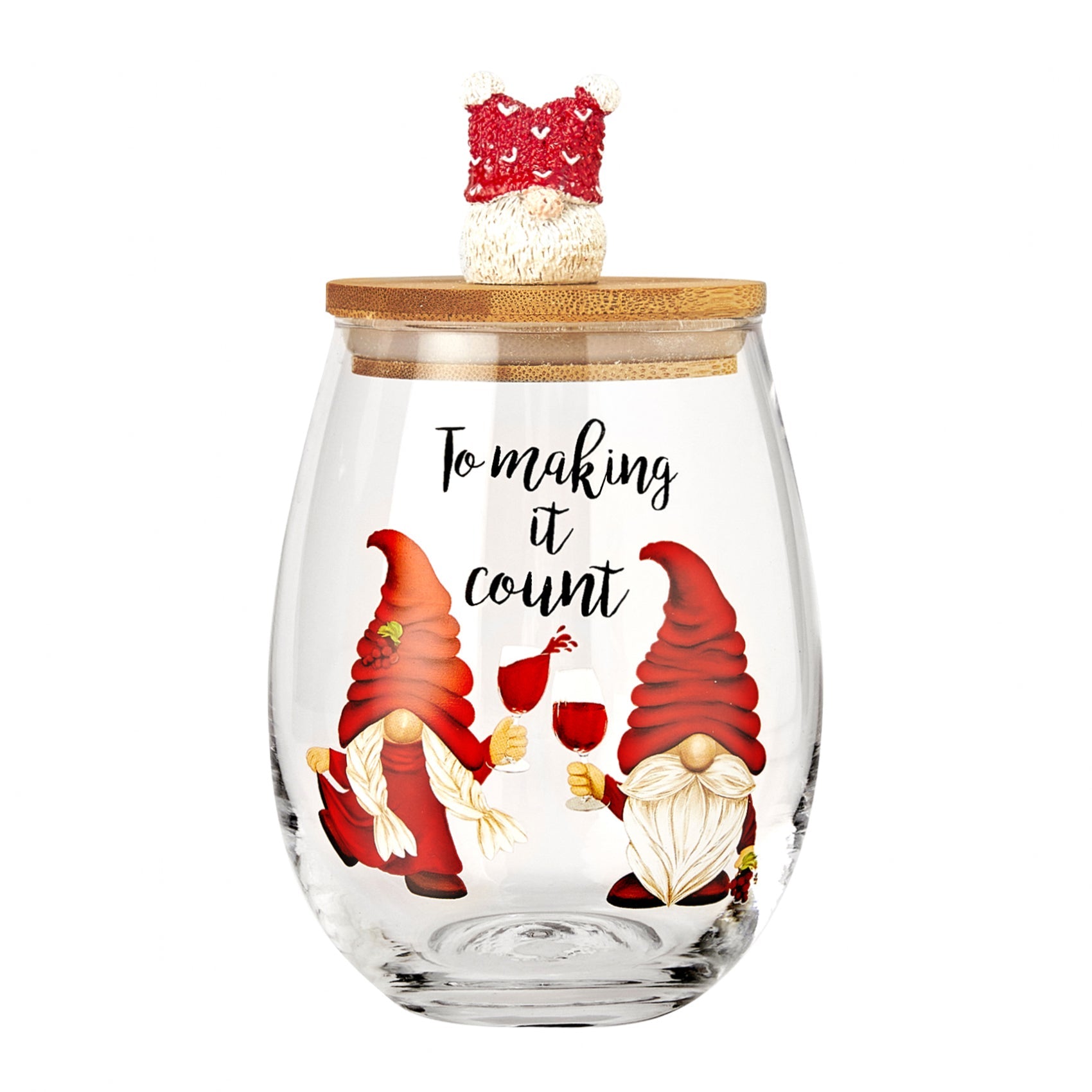Christmas Gnome Wine & Water Glasses With Dwarf Wood Cover - Set of 2-17.5oz-4
