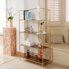 No Assembly Foldable Bookshelf 4 Tier Gold Bookcase-2