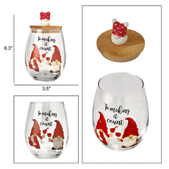 Christmas Gnome Wine & Water Glasses With Dwarf Wood Cover - Set of 2-17.5oz-1