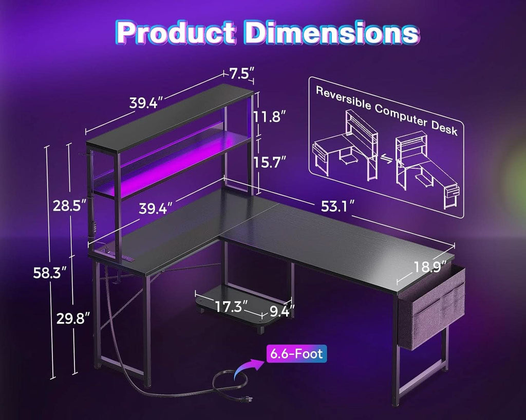 L Shaped Gaming Desk With LED Lights And Power Outlets-2