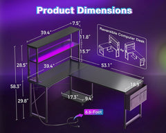 L Shaped Gaming Desk With LED Lights And Power Outlets-2