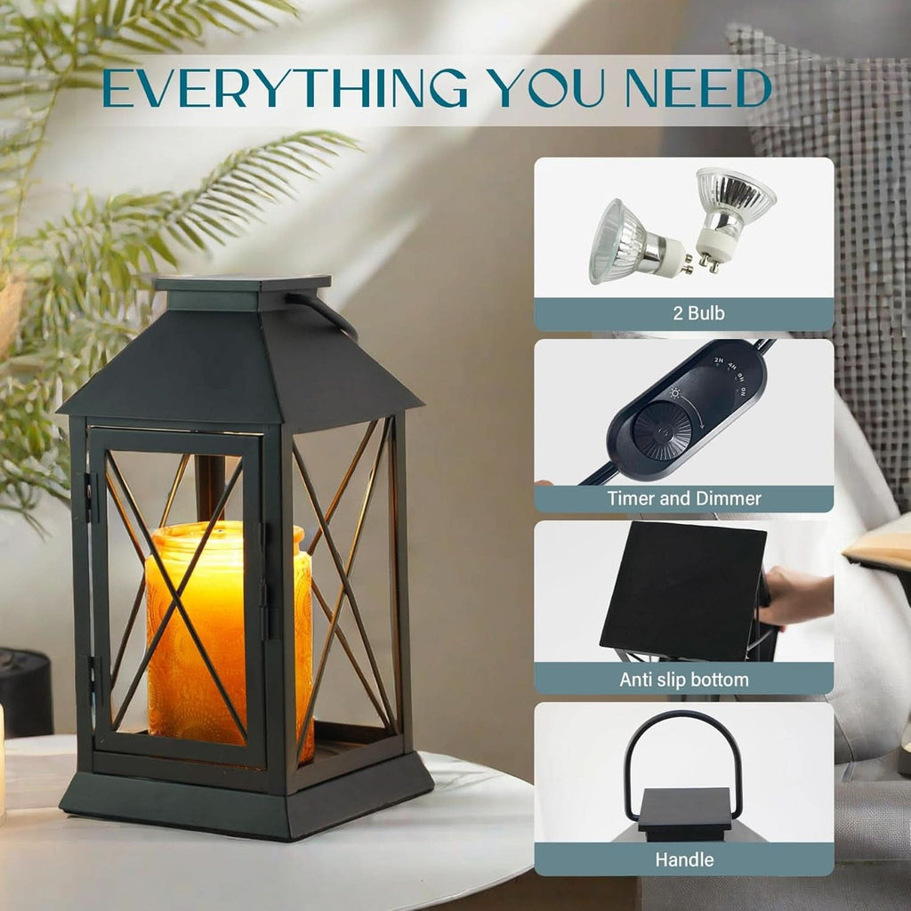 Black Dimmable Candle Warmer Lantern Featuring Timer