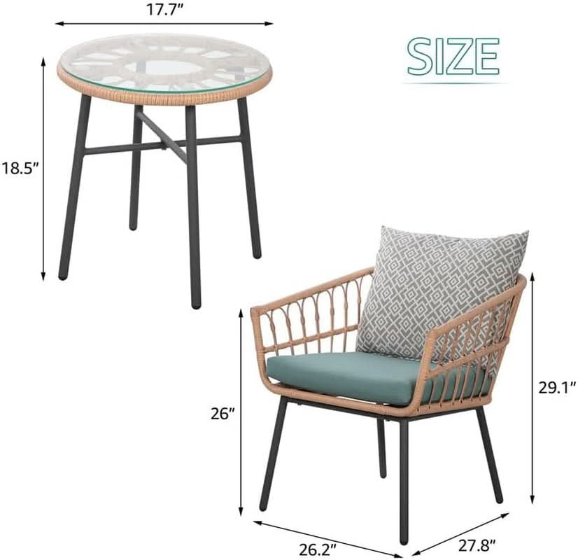 3 Piece Outdoor Patio Furniture Set With Conversation Bistro Tempered Coffee Table And Green Wicker Chairs-1