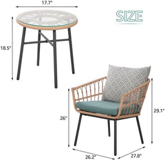 3 Piece Outdoor Patio Furniture Set With Conversation Bistro Tempered Coffee Table And Green Wicker Chairs-1