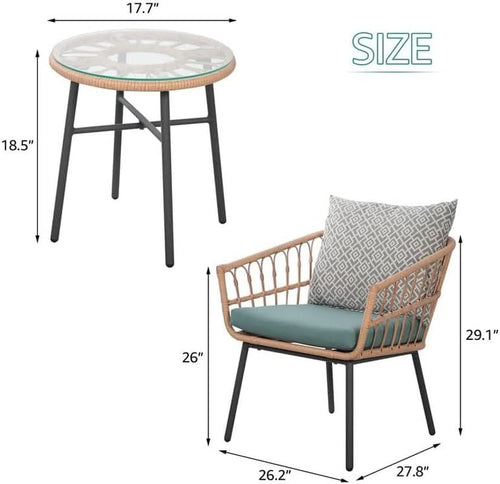3 Piece Outdoor Patio Furniture Set With Conversation Bistro Tempered Coffee Table And Green Wicker Chairs-1