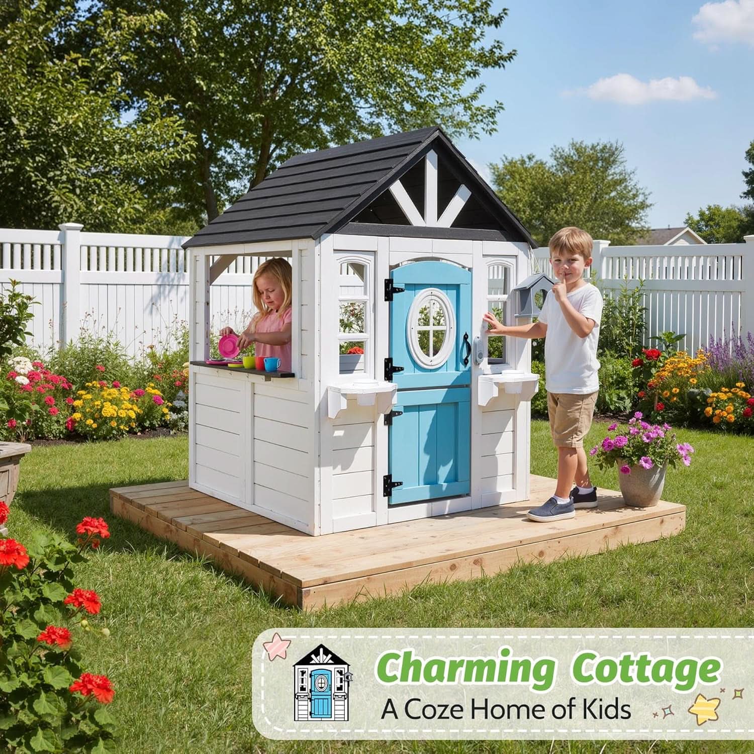 Natural Cedar Outdoor Kids Playhouse With Kitchenette-1
