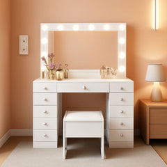 White Makeup Vanity With Illuminated Mirror Drawers-0