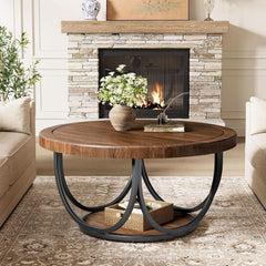 Round Coffee Table 33 Inch Brown Black Industrial Frame-4