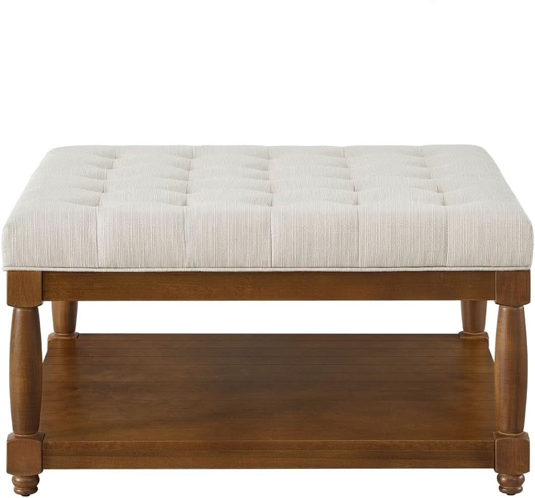 Ivory Upholstered Coffee Table With Hardwood Shelf-2