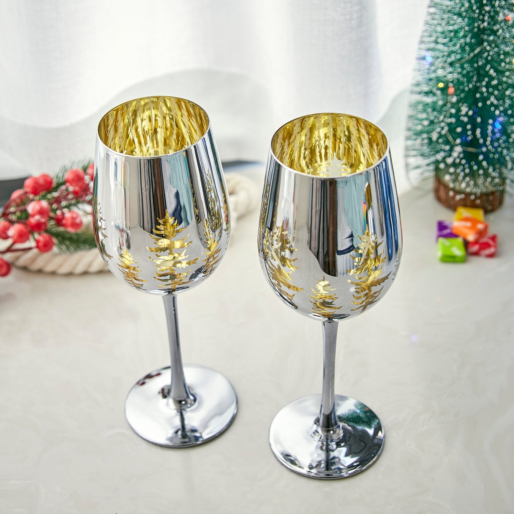 Crystal Christmas Tree Stemmed Wine & Water Glasses - Set of 2-2