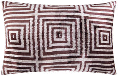 Handmade Velvet Throw Pillow - 16x24 Inches, Naturally Vegetable-Dyed, Premium Down Feather Insert - Brown and Beige Geometric Square Design, Luxury Home Decor Accent