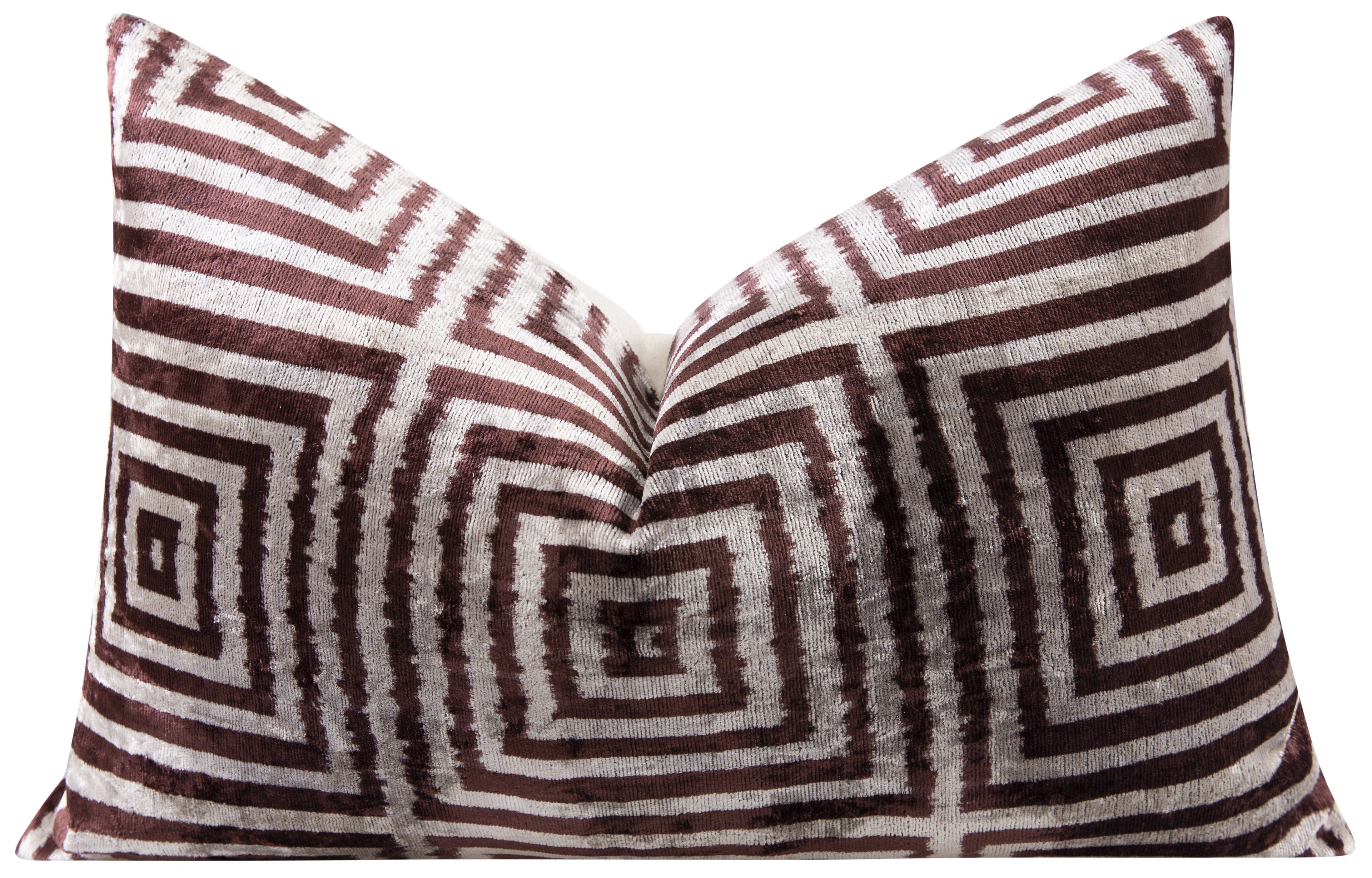 Handmade Velvet Throw Pillow - 16x24 Inches, Naturally Vegetable-Dyed, Premium Down Feather Insert - Brown and Beige Geometric Square Design, Luxury Home Decor Accent