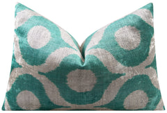 Handmade Velvet Throw Pillow - 16x24 Inches, Naturally Vegetable-Dyed, Premium Down Feather Insert - Teal and Beige Geometric Design, Luxury Home Decor Accent