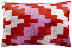 Handmade Velvet Throw Pillow - 16x24 Inches, Naturally Vegetable-Dyed, Premium Down Feather Insert - Red, Pink, and Beige Abstract Geometric Design, Luxury Home Decor Accent