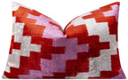Handmade Velvet Throw Pillow - 16x24 Inches, Naturally Vegetable-Dyed, Premium Down Feather Insert - Red, Pink, and Beige Abstract Geometric Design, Luxury Home Decor Accent