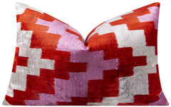 Handmade Velvet Throw Pillow - 16x24 Inches, Naturally Vegetable-Dyed, Premium Down Feather Insert - Red, Pink, and Beige Abstract Geometric Design, Luxury Home Decor Accent