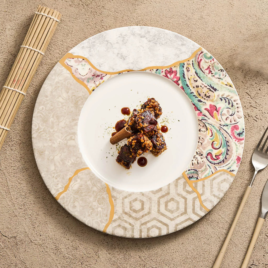 Silk Mosaic Porcelain Dinner Plate 11.25" Gold-Rimmed Kintsugi Style-1