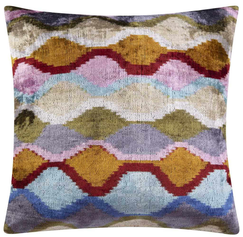 Handmade Velvet Throw Pillow - 16x16 Inches, Naturally Vegetable-Dyed, Premium Down Feather Insert - Multicolor Wave Pattern, Luxury Home Decor Accent
