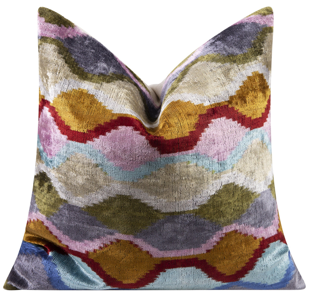 Handmade Velvet Throw Pillow - 16x16 Inches, Naturally Vegetable-Dyed, Premium Down Feather Insert - Multicolor Wave Pattern, Luxury Home Decor Accent