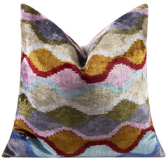 Handmade Velvet Throw Pillow - 16x16 Inches, Naturally Vegetable-Dyed, Premium Down Feather Insert - Multicolor Wave Pattern, Luxury Home Decor Accent
