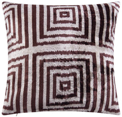 Handmade Velvet Throw Pillow - 16x16 Inches, Naturally Vegetable-Dyed, Premium Down Feather Insert - Brown and Beige Geometric Square Design, Luxury Home Decor Accent