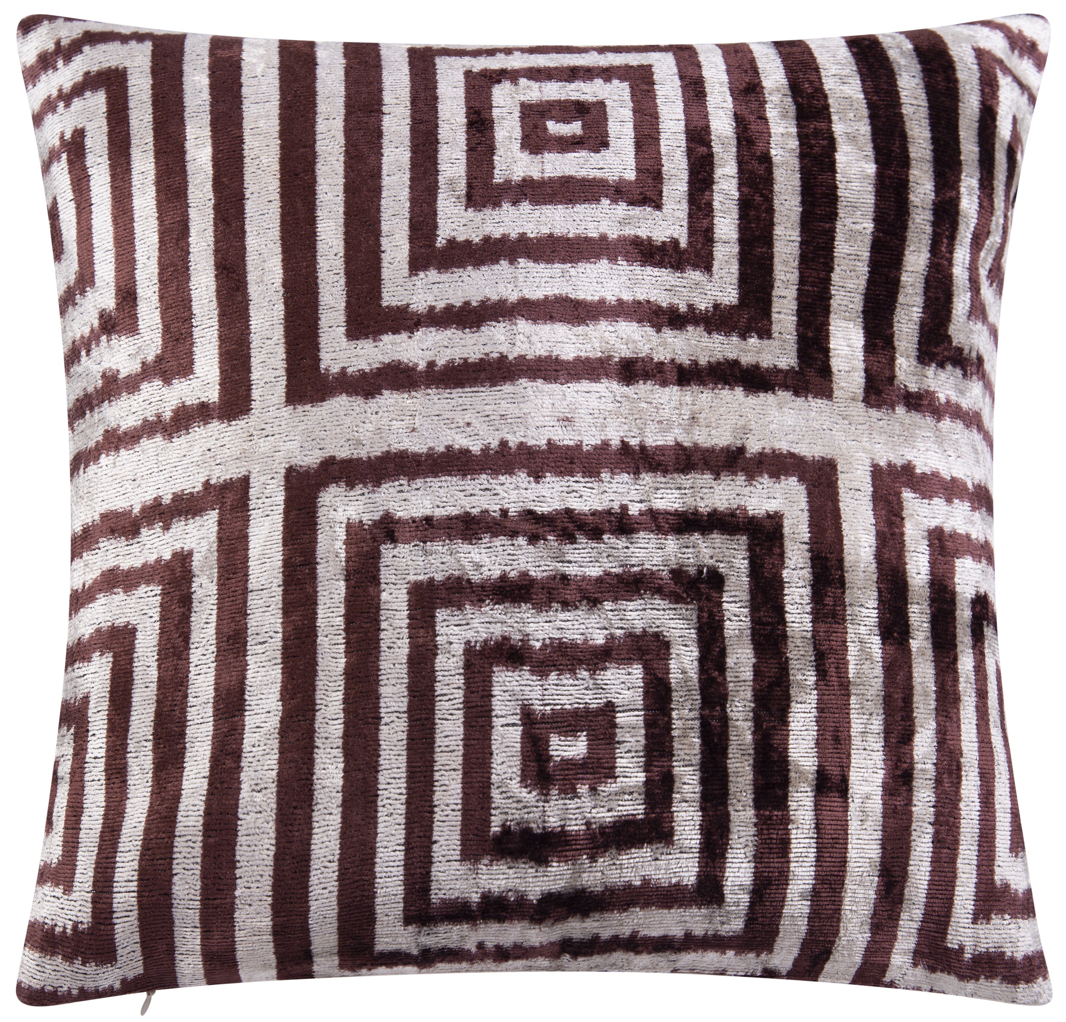 Handmade Velvet Throw Pillow - 16x16 Inches, Naturally Vegetable-Dyed, Premium Down Feather Insert - Brown and Beige Geometric Square Design, Luxury Home Decor Accent