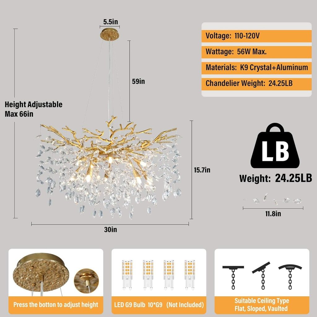 30 Inch Golden Crystal Raindrop Chandelier 10 Light-2