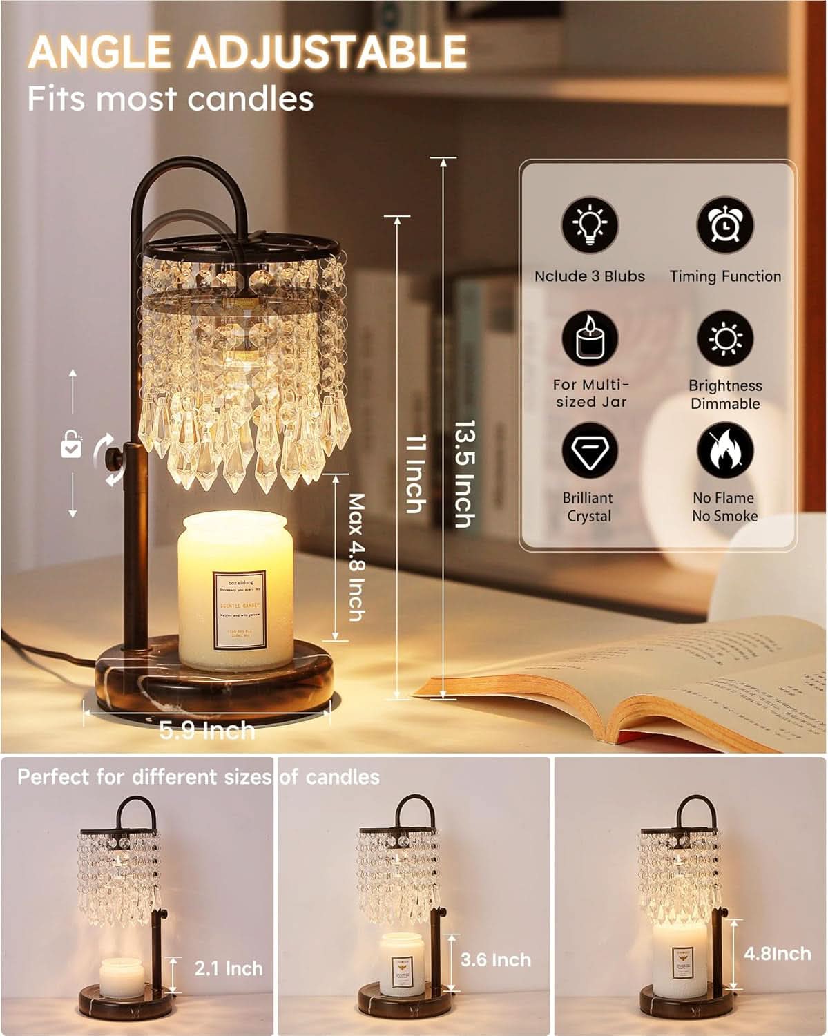 Lux urious Black Marble Crystal Candle Warmer Timer