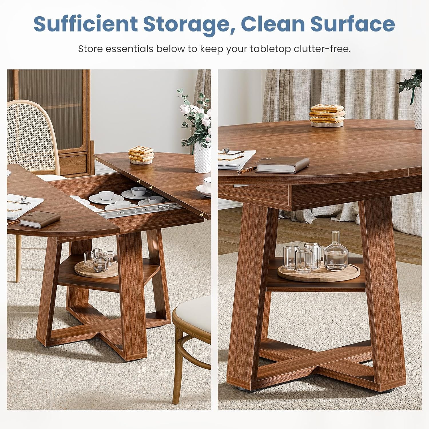 Chestnut Expandable Round Dining Table With Storage-2