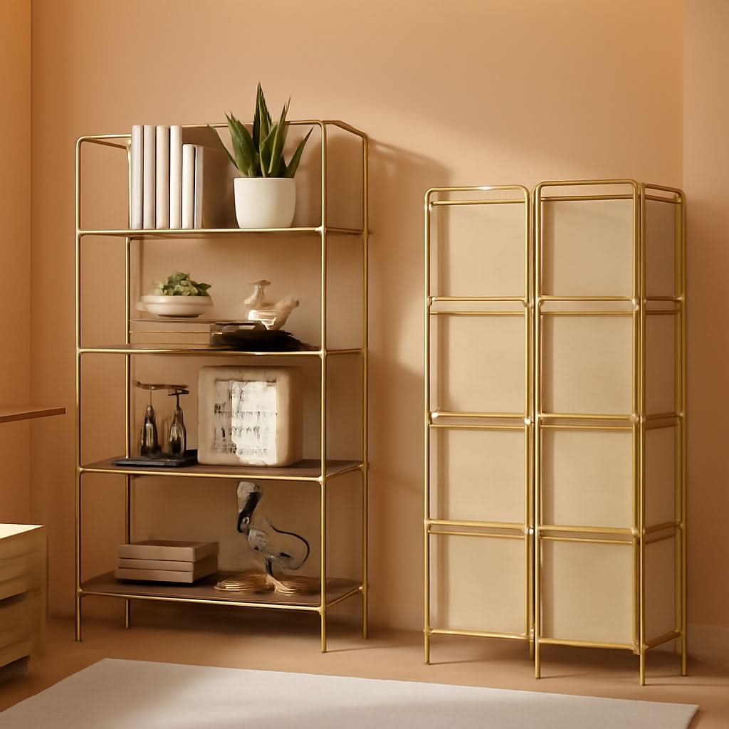 No Assembly Foldable Bookshelf 4 Tier Gold Bookcase-4