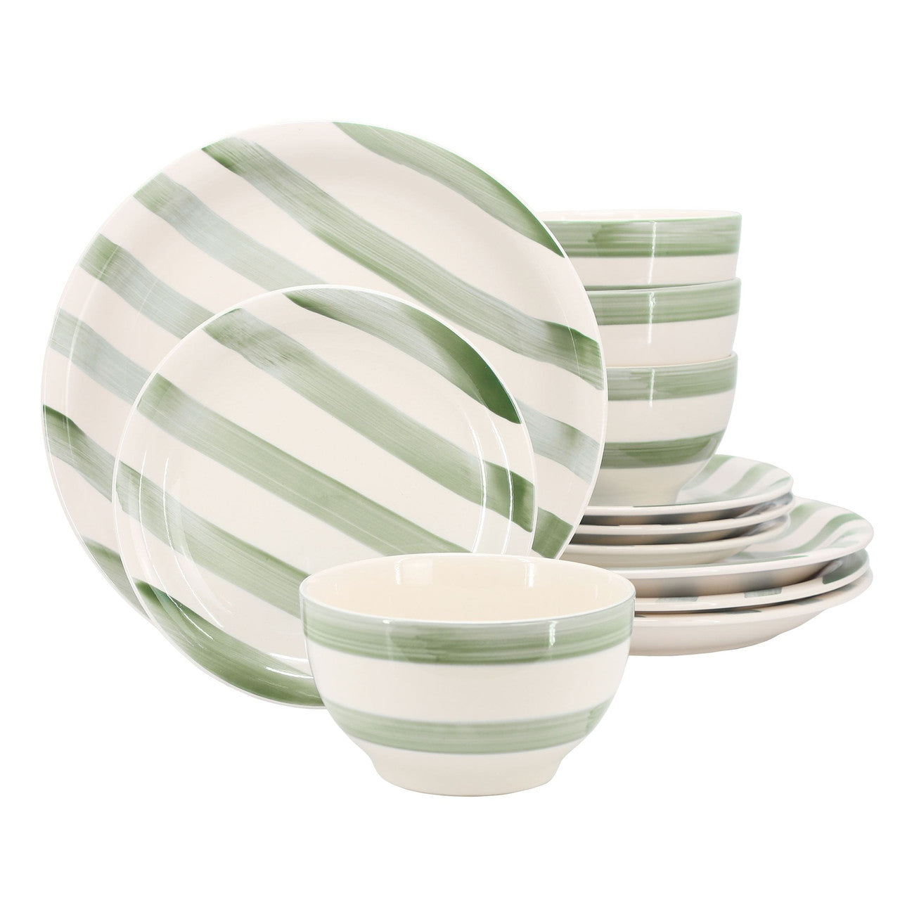Gibson Home Kenwood Shores 12 Piece Stoneware Dinnerware Set in Green Stripe-0